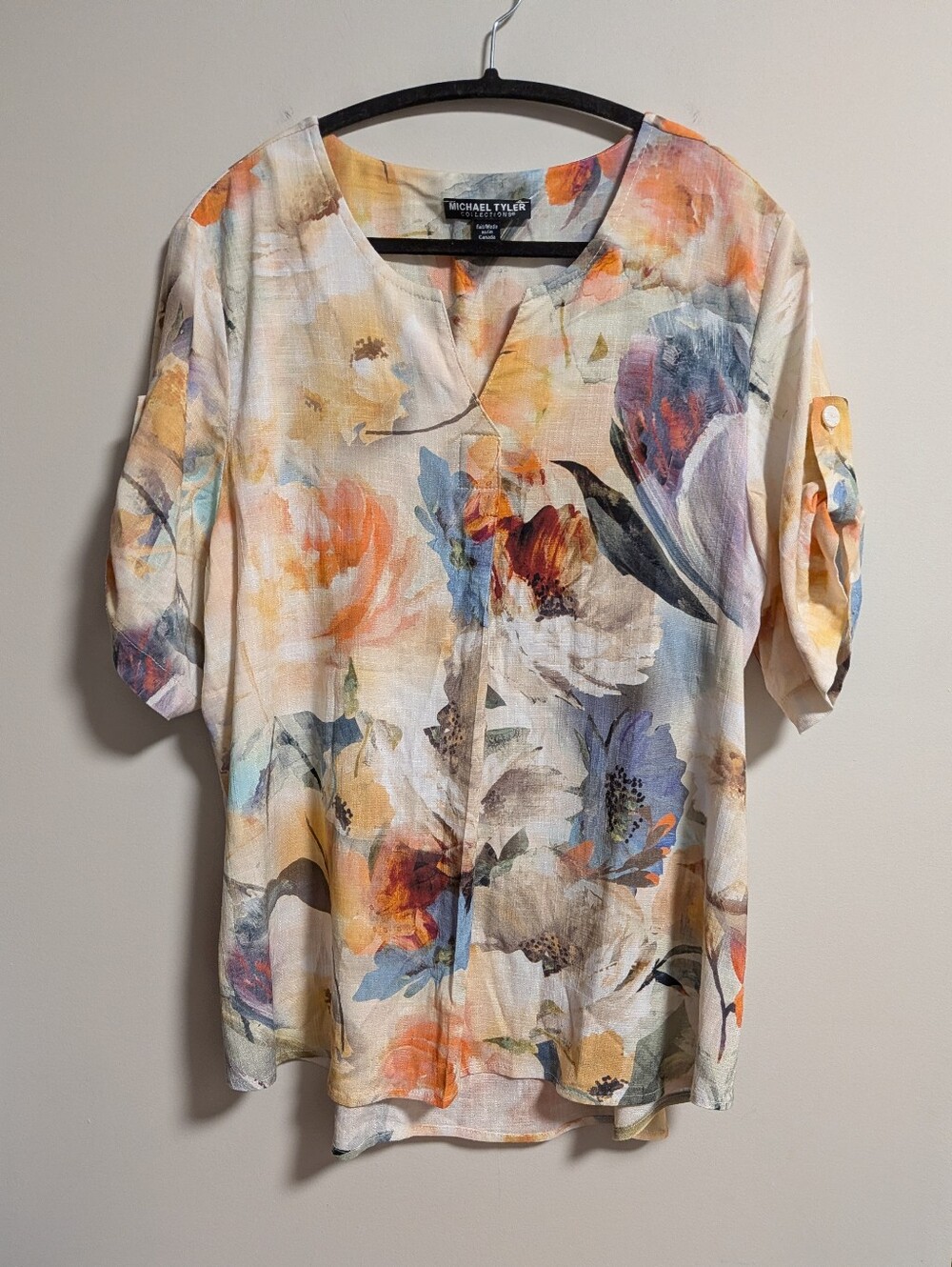 Michael Tyler. Floral V-Neck Roll-Sleeve Blouse Tunic in Multi Colours. EUC. XL.